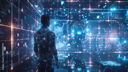 Silhouette Against the Data Sphere: A Human Form Engulfed by a World of Digital Information