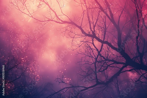 Enchanted Pink Forest with Glowing Dust and Bare Branches