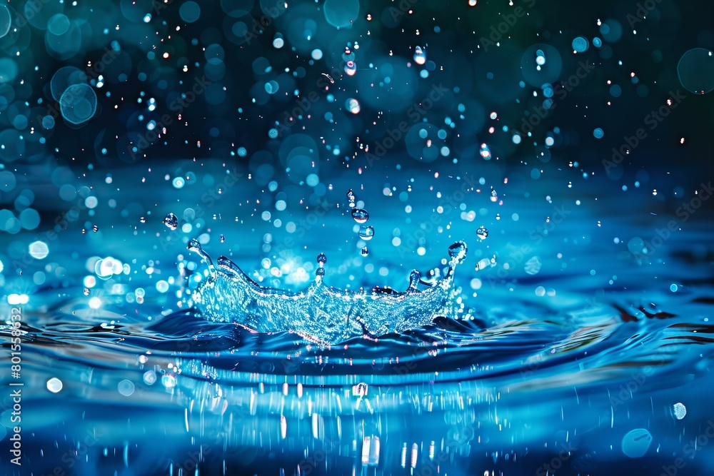 Vibrant Water Splash in Blue Light with Bubbles