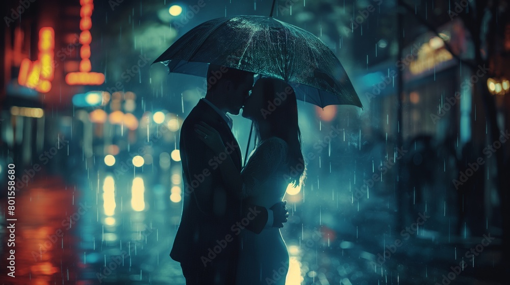 A couple embracing tightly on a rainy city street, their umbrellas forgotten as they share a tender kiss. A couple embracing tightly on a rainy city street, their umbrellas forgotten as they share a tender kiss.