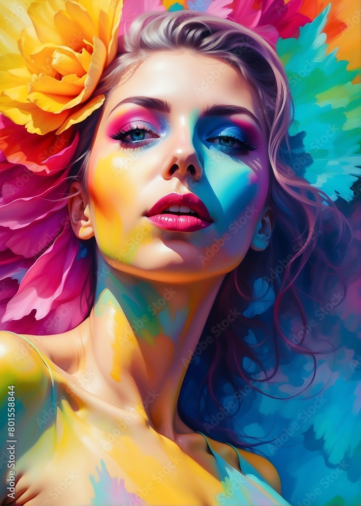 Beautiful woman with flowers, woman's face, Model face, Illustration woman face
