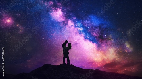 A couple sharing a romantic moment under a starry sky, their love shining brighter than any constellation. photo