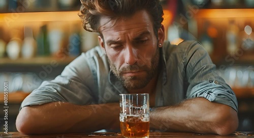 Depressed man struggles with alcohol addiction empty glass on table indoor. Concept Depression, Alcohol Addiction, Empty Glass, Indoor Setting photo