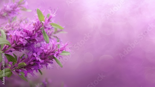   A tight shot of a collection of purple flowers against a backdrop of purple and white The scene is softly lit with a hazy  blurred light in the background