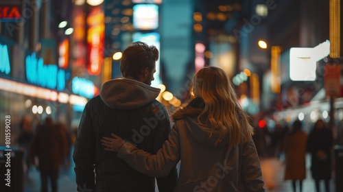 A couple walking hand in hand through a bustling city street, their faces lit up with excitement and love.