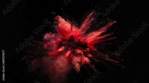 rote Farbexplosion vor dunklem Hintergrund, rauchender Knall, Explosion aus rotem Pulver 