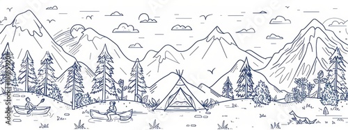 Line art illustrations of outdoor activities such as hiking  camping  and kayaking.