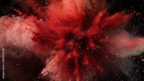 rote Farbexplosion vor dunklem Hintergrund, rauchender Knall, Explosion aus rotem Pulver 