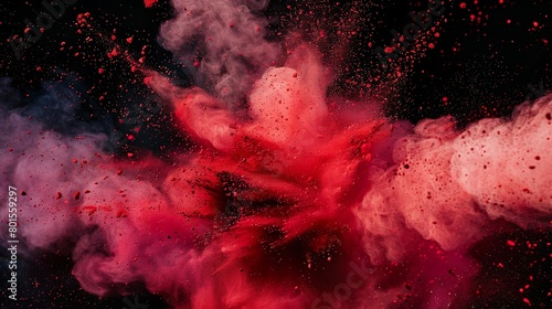 rote Farbexplosion vor dunklem Hintergrund, rauchender Knall, Explosion aus rotem Pulver	
 photo