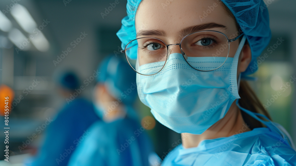 Portrait of a young caucasian woman surgeon with eyeglasses and facial mask Portrait of a young caucasian woman surgeon with eyeglasses and facial mask