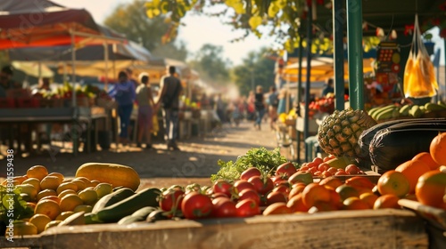 A farmer's market bustling with activity, showcasing locally grown produce and reducing food miles. photo