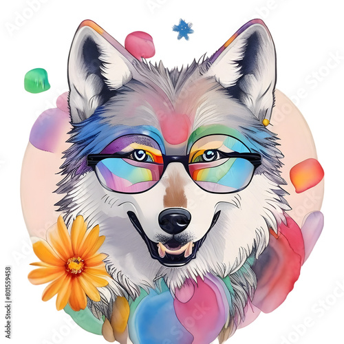 Cute floral wolf with glasses t-shirt design