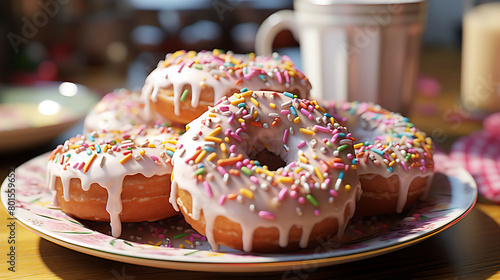 A sweet and indulgent plate of cinnamon sugar donuts with creamy glaze and sprinkles.