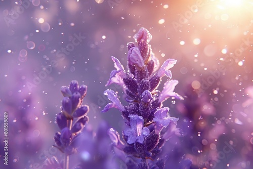 Ethereal Lavender Flowers Glittering in Morning Dew