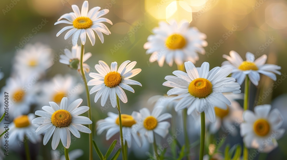   A tight shot of several daisies against a sunlit backdrop with a softly blurred background