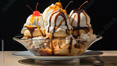 A sweet and indulgent plate of ice cream sundaes with hot fudge, caramel, and whipped cream. photo