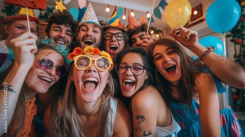 A group of friends posing for a silly photo with funny props at a lively birthday party, their laughter infectious.