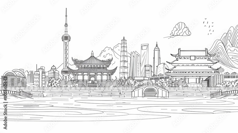 Line art illustrations of traditional architecture and landmarks from different countries.