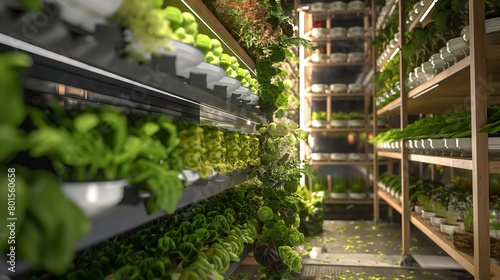 A hydroponic farm utilizing vertical growing systems to produce fresh vegetables using minimal water and space.