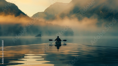 A kayaker navigating through serene waters  with mist rising from the surface in the early morning light.