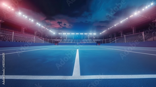 Modern tennis court under evening lights with a dramatic sky. Sports facility photography. Night sports and competition concept. Design for event poster, sports advertisement