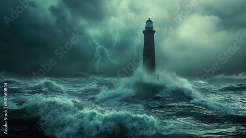 A lonely lighthouse standing tall against a stormy sea © Eric