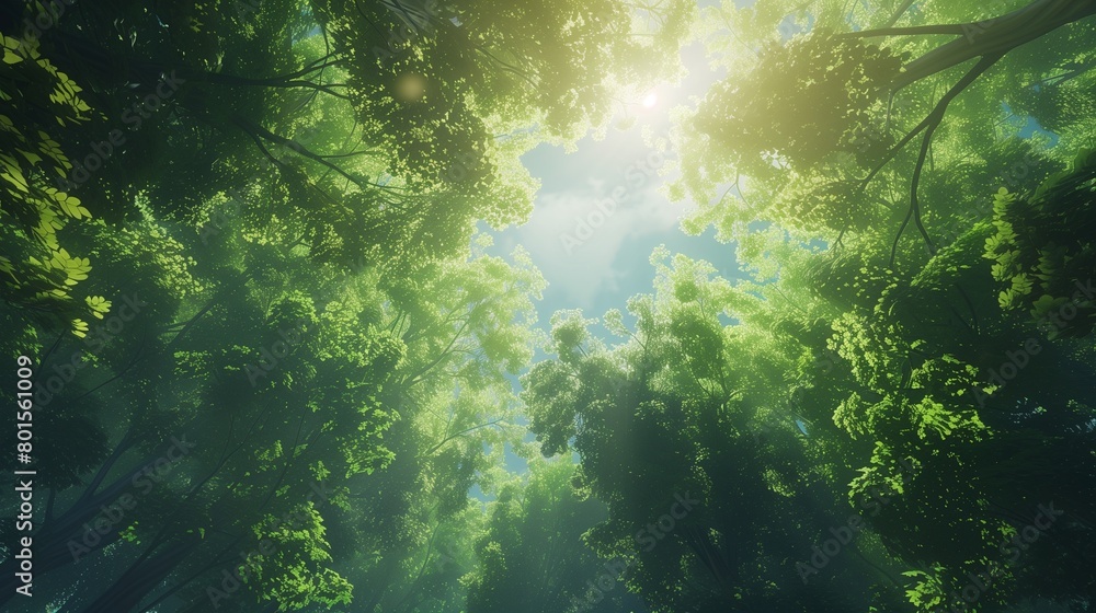 A lush green forest canopy stretching out beneath the azure sky, sunlight filtering through the leaves.