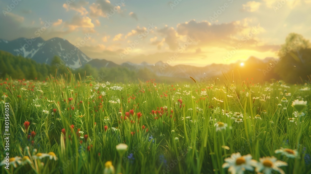 A lush green meadow teeming with wildflowers bathed in the warm glow of a summer sunset. A lush green meadow teeming with wildflowers bathed in the warm glow of a summer sunset.