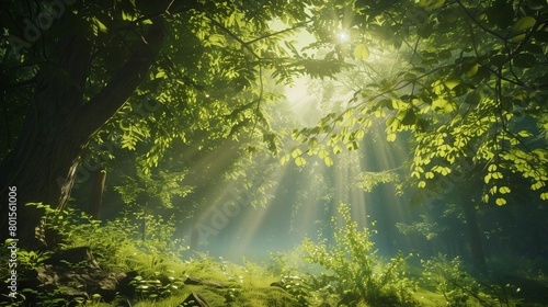 A lush green forest teeming with life, with sunlight filtering through the leaves and illuminating the forest floor.