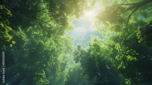 A lush green forest canopy stretching out beneath the azure sky, sunlight filtering through the leaves.