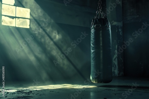 A black boxing bag is hanging from the ceiling in a dimly lit room