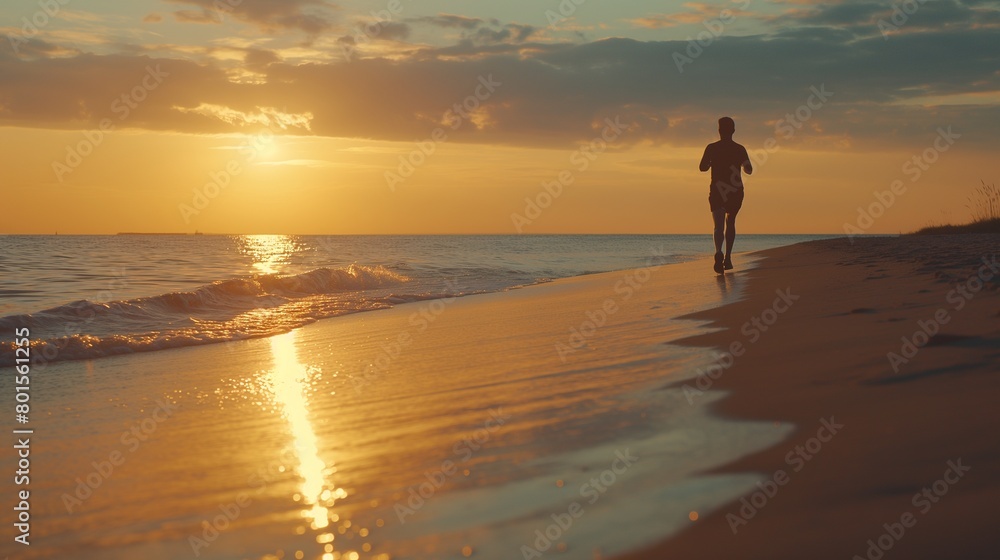 A man jogging along a beach at sunset