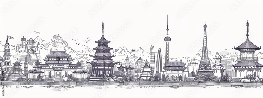 Fototapeta premium Line art illustrations of traditional architecture and landmarks from different countries.