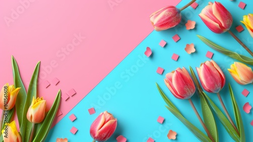   Pink and yellow tulips on a blue-and-pink background, below lies confetti ..Or, for a more concise version: #801561608