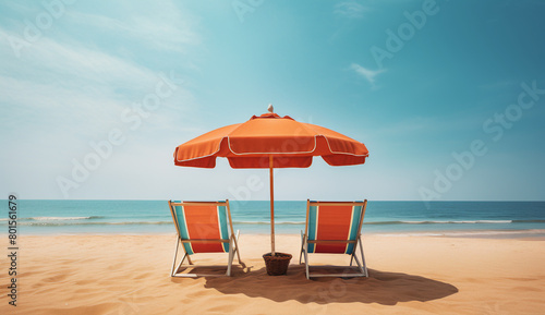 Duas cadeiras de praia sob guarda-sol laranja, no estilo da estética vintage, paisagens modernas, praia photo