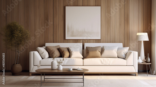 Sofá branco  em uma sala com uma parede de madeira, moderna e cheia de estilo photo