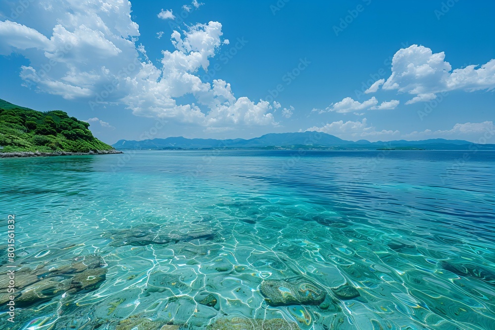 Fototapeta premium Crystal Clear Waters and Blue Skies at Serene Coastal Landscape