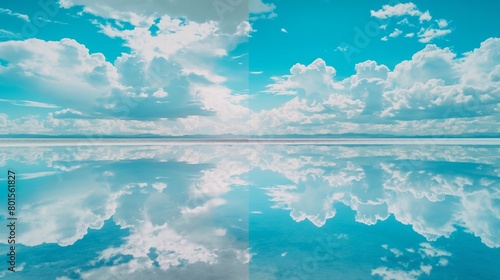 A panoramic view of a salt flat reflecting the sky, creating a mirror image with geometric patterns.