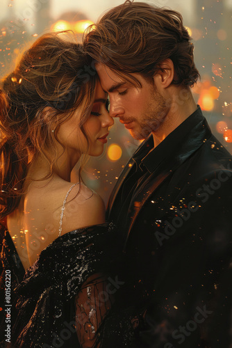 A couple of lovers, an attractive man and woman passionate embrace each other, ready to kiss. Cover of a book about love, illustration for a romance novel.