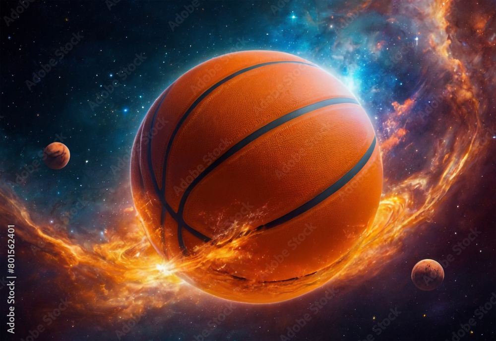 A basketball floating in space, with stars and galaxies in the background.