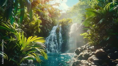 A secluded waterfall hidden within a tropical rainforest