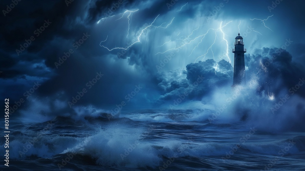 A stormy sea with waves crashing against a lighthouse during a lightning storm