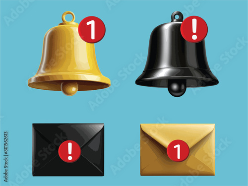 Symbol, bell, letter, message notification,blue background yellow and black letters yellow and black bell Notification message. vector illustration