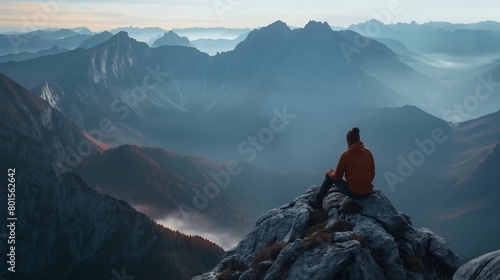 A solo traveler sitting atop a mountain peak, gazing at the breathtaking vista below. photo