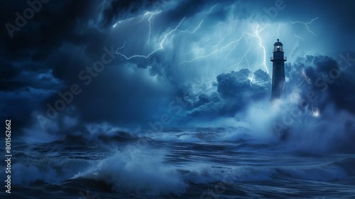 A stormy sea with waves crashing against a lighthouse during a lightning storm