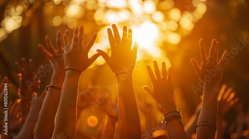 Multiple hands raised at concert with golden sunset background