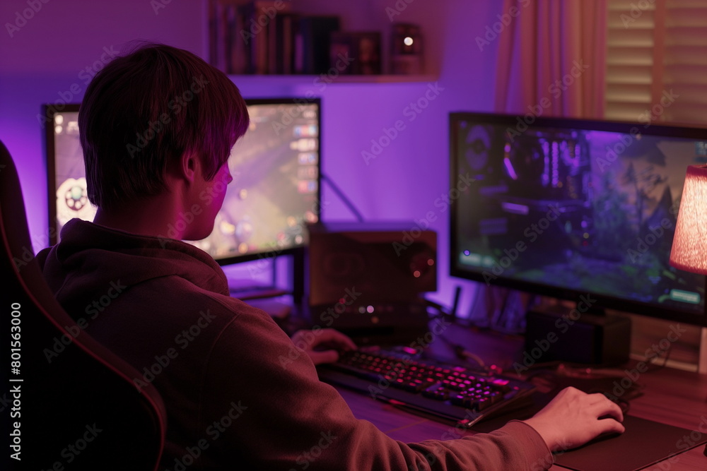 Young gamer playing on multiple monitors in a purple-lit room