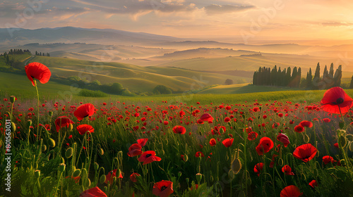 Sunset Over Poppy Field  Rolling Hills and Vibrant Red Flowers  Peaceful Countryside Landscape  Ideal for Posters and Nature-Themed Decor  Copyspace