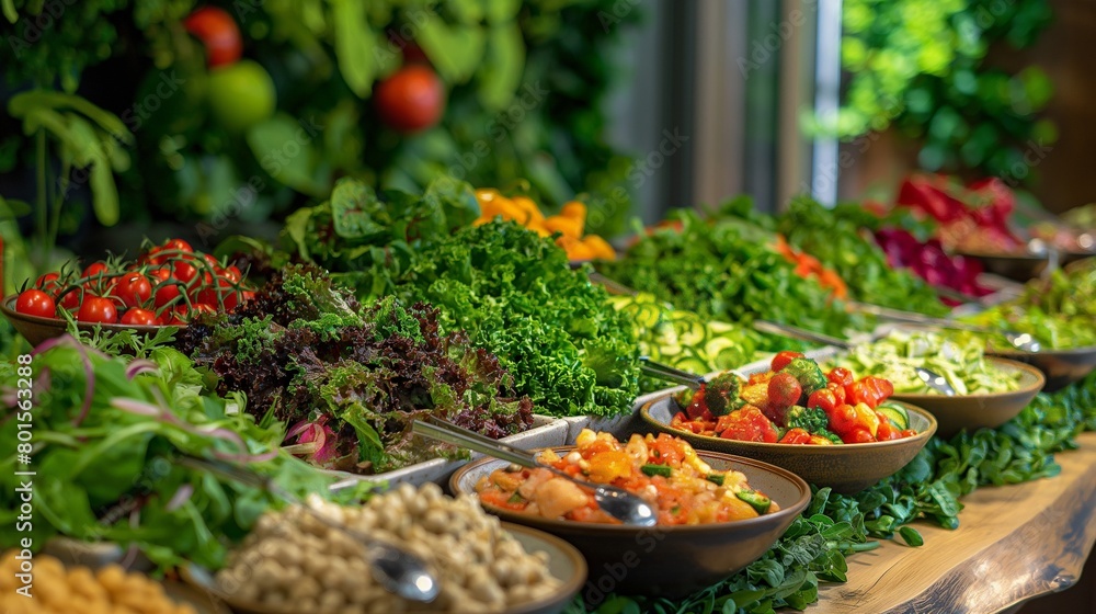 A vibrant salad bar set against a backdrop of lush greenery, with an array of fresh greens, vegetables, fruits, nuts, and seeds, inviting guests to create their own healthy and delicious salads.