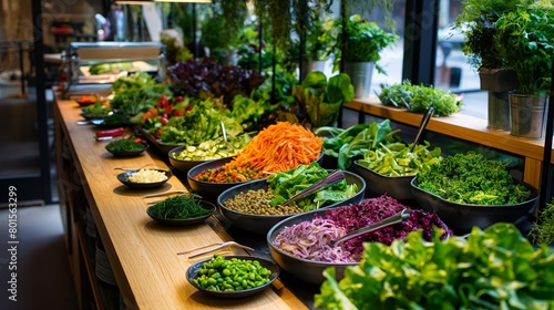 A vibrant salad bar showcasing an assortment of fresh greens, colorful vegetables, nuts, seeds, and gourmet dressings, inviting guests to create their own custom salads.